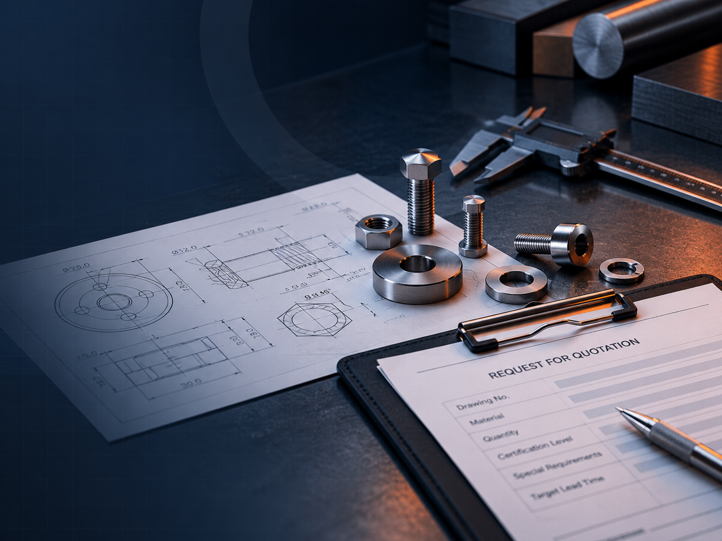 Engineering drawing, precision fasteners, caliper and a request for quotation form