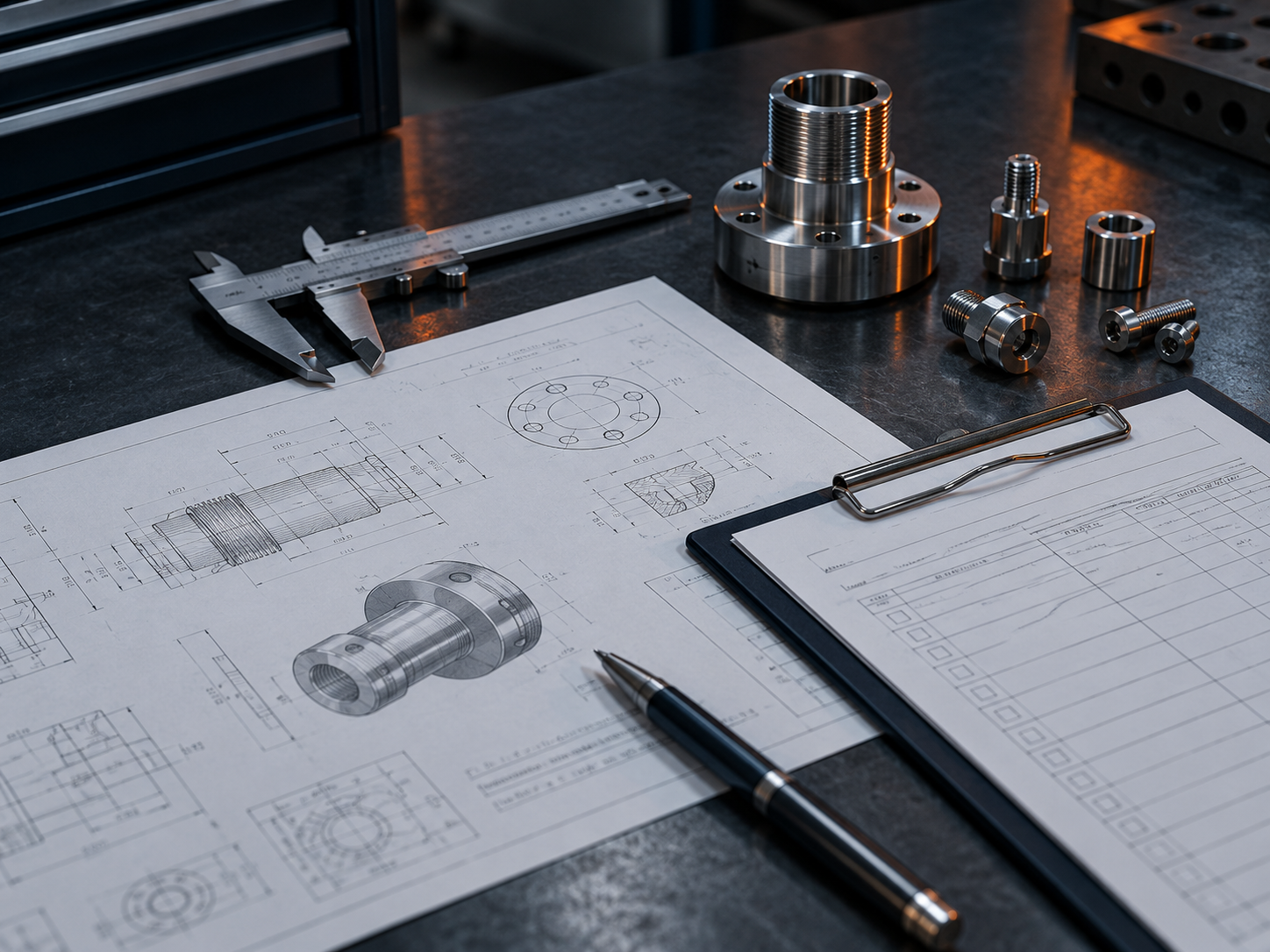 Engineering drawings, caliper, machined components and an inspection checklist