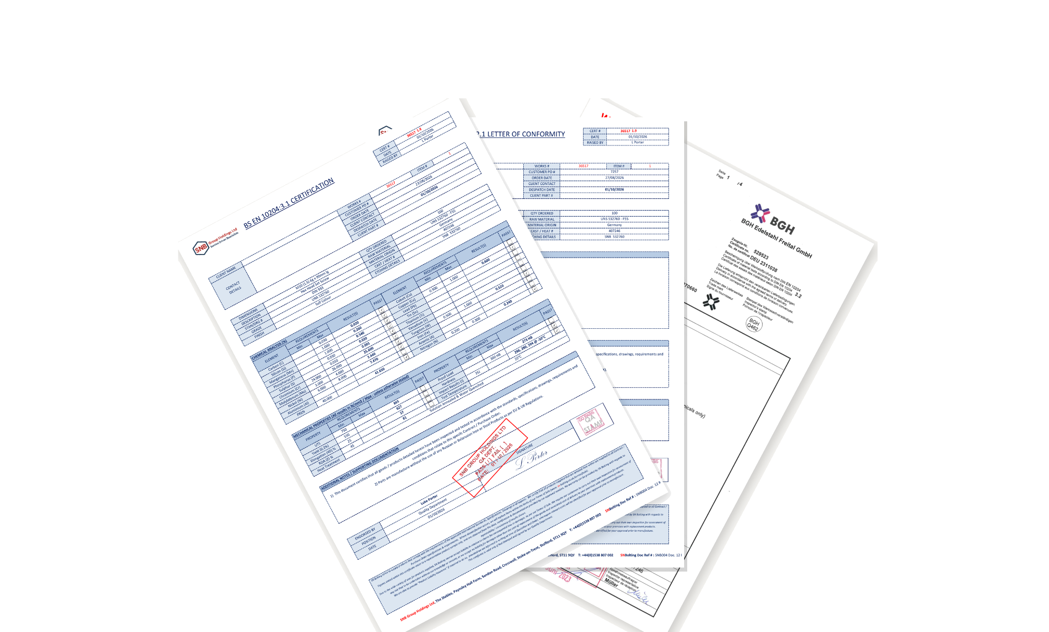 Example certification pack with material certificate, inspection report and certificate of conformity