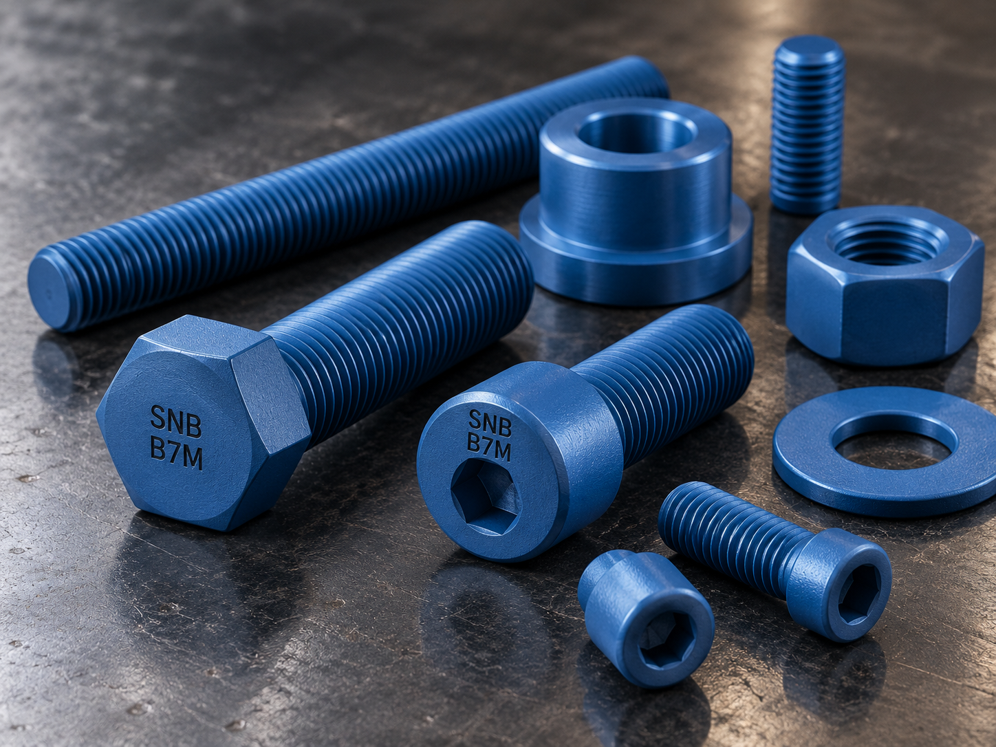 PTFE-coated blue bolts, nuts, washers and studding