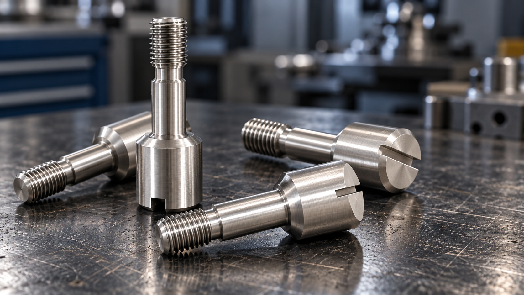 Machined stainless steel shoulder screws on an engineering workbench