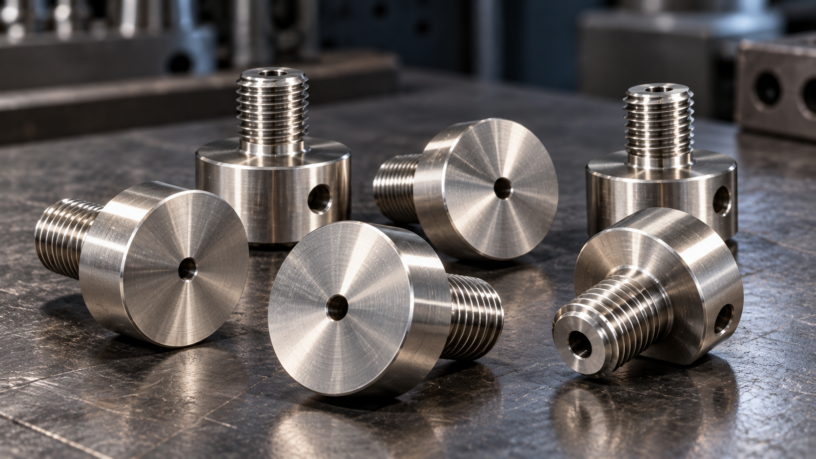 Precision-machined stainless steel threaded components on a workshop bench