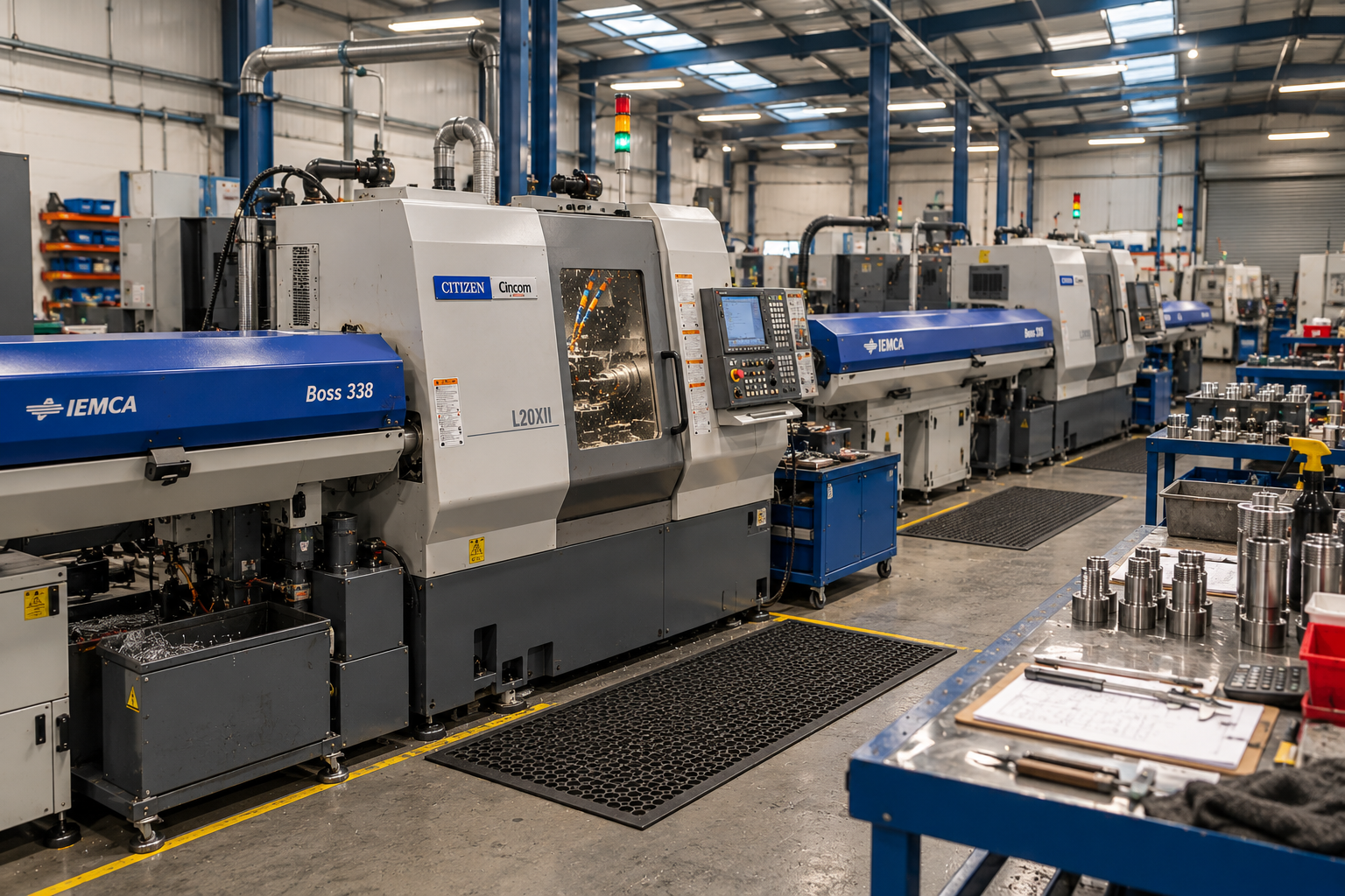 CNC sliding-head machines and inspection bench on the shop floor